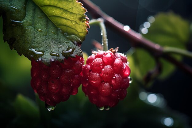 Makro reife Himbeeren auf einem Zweig