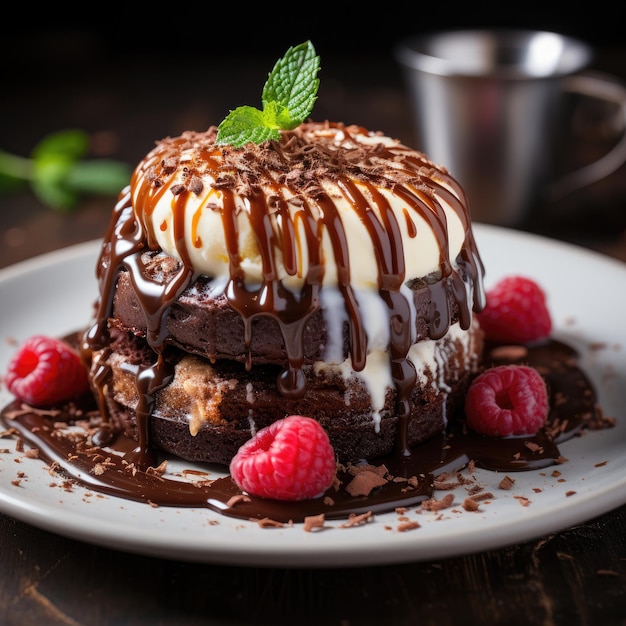 Makro-Schokoladen-Lava-Kuchen mit geschmolzener Schokoladenbutter, garniert mit frischem Beereneis und Vanille
