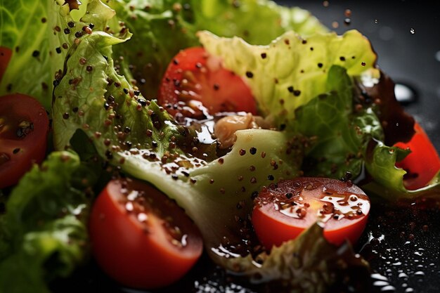 Foto makro-schuss von frisch geknacktem schwarzem pfeffer, der auf einen salat gestreut wird