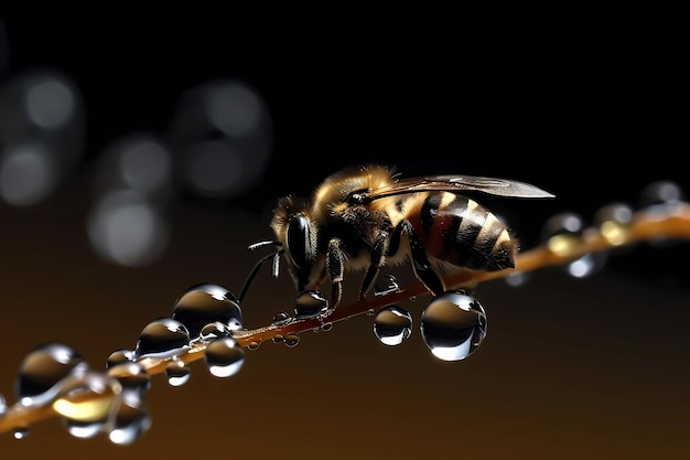 Makro-Wassertropfen auf der Wolle einer Biene