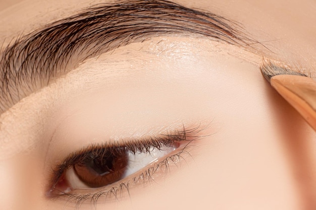 Makro weibliches Auge mit einem Make-up-Pinsel