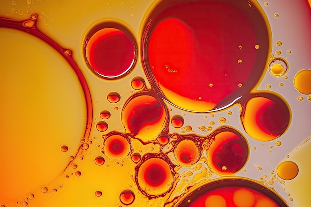 Makroabstraktion rote und gelbe Kreise und Ovale schöne Farbe abstrakter Hintergrund Mischwasser und Öl