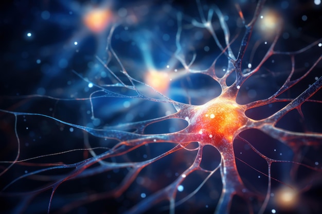 Foto makroansicht des neuronalen netzwerks nervenzelle mit dendriten neuron nahaufnahme generatives ki-konzept der synapsenforschung des nervensystems wissenschaft künstliche intelligenz