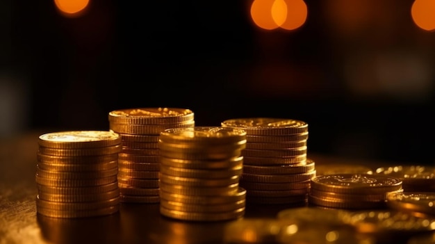 Makroansicht von gestapelten goldenen Kryptowährungsmünzen auf Goldbarren oder Goldbarren mit Bokeh-Effekt