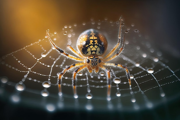 Makroaufnahme einer Spinne auf ihrem Netz mit Wassertröpfchen, die von KI generiert werden