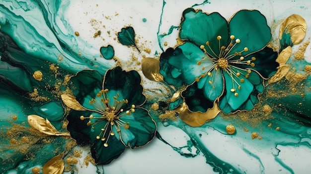 Makroaufnahme eines abstrakten blauen und grünen Marmormusters mit generativer KI aus weißen Blumen