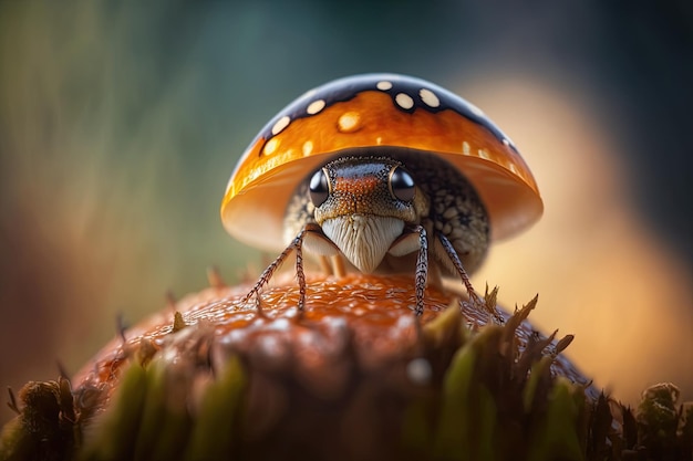 Makroaufnahme eines Käfers, der auf einem Pilz ruht. Von KI generiert