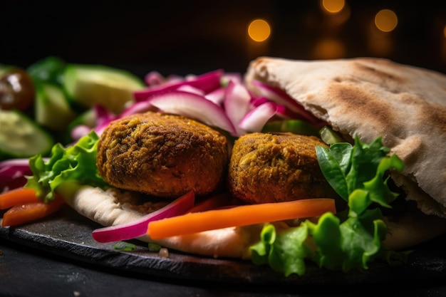 Makroaufnahme eines knusprigen Falafel-Pastetchens, serviert in einem Fladenbrot mit frischem Salat