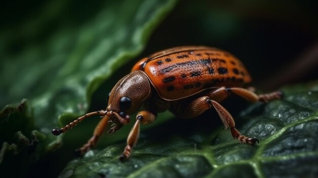 Makroaufnahme eines Marienkäfers auf einem Blatt im Regen. Generative KI