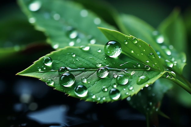 Makroaufnahme grüner Blätter mit Wassertropfen, Tau oder Regentropfen darauf Grüner Blattnaturwald