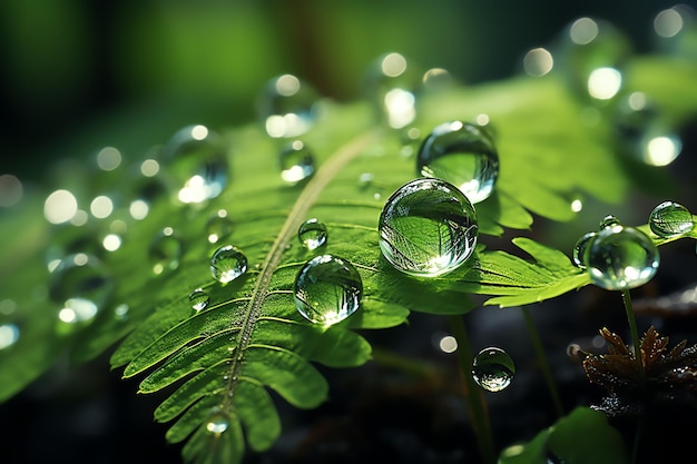 Makroaufnahme grüner Blätter mit Wassertropfen, Tau oder Regentropfen darauf Grüner Blattnaturwald