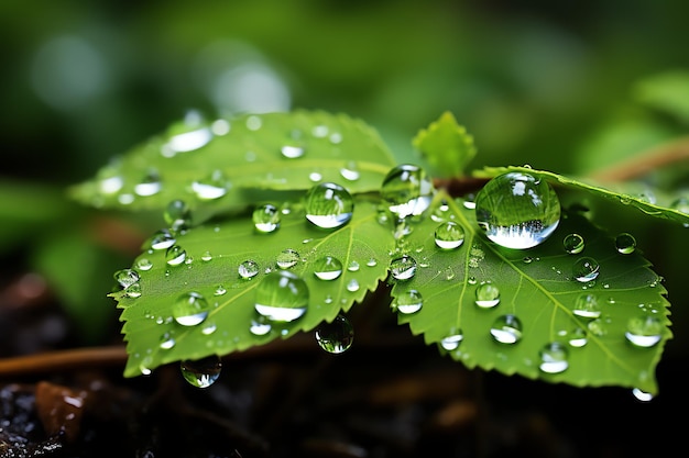 Makroaufnahme grüner Blätter mit Wassertropfen, Tau oder Regentropfen darauf Grüner Blattnaturwald