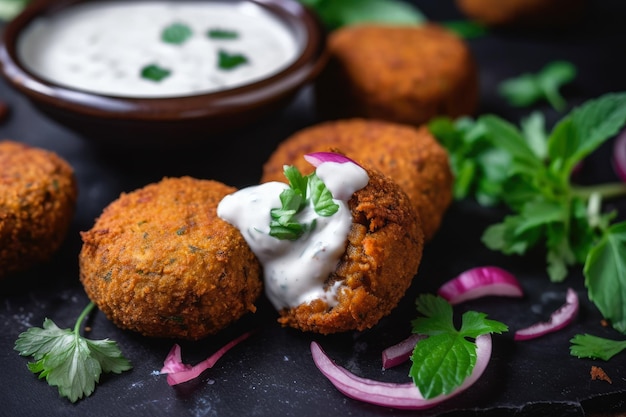 Makroaufnahme knuspriger Falafel-Häppchen, serviert mit einer würzigen Tzatziki-Sauce und garniert mit geschnittenem Rotem