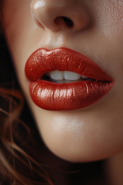 Makroaufnahme weiblicher praller Lippen mit rotem Lipgloss. Schönheitsporträt, Körperpflege und Make-up