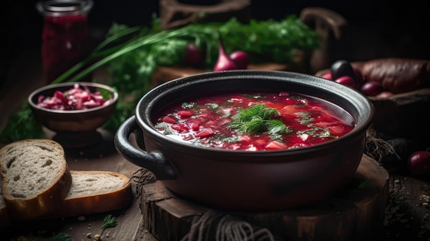 Makrofoto Borschtsch-Rüben-Suppe auf Stein Rustikale Kneipe Ukrainische Gerichte Generative KI