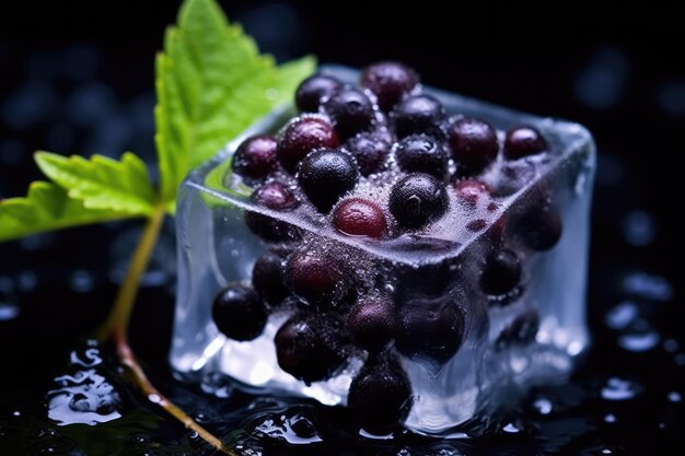 Makrofoto: Eine Holunderbeere in einem Eiswürfel. Generative KI