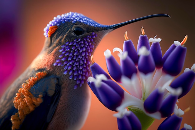 Makrofoto eines Kolibris, der von einer Hyazinthenblume füttert