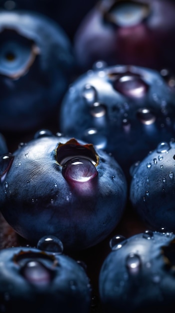 Makrofoto von frischen reifen Blaubeeren mit Wassertropfen, Beeren, vertikaler Hintergrund, generierte KI