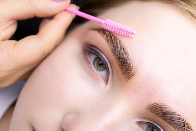 Makrofotografie der Haare des Models der Meister kämmt die Augenbrauenhaare mit einer rosa Bürste nach dem Eingriff Langzeitstyling und Laminieren