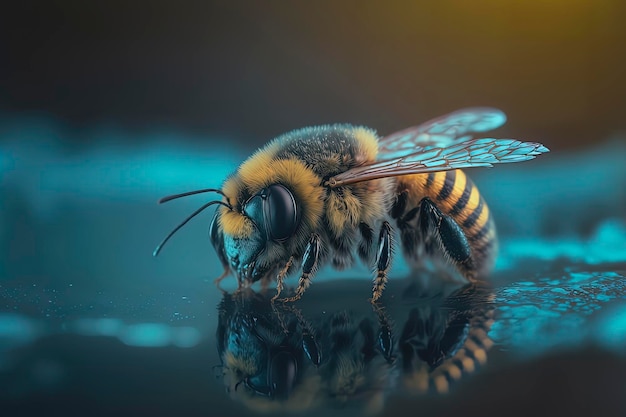 Makrofotografie einer Biene auf dem Wasser Von KI generiert