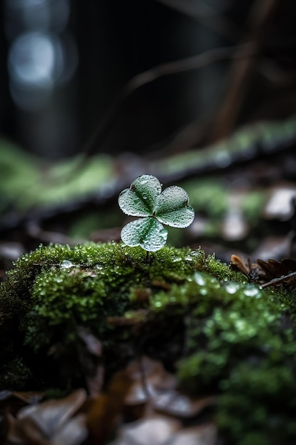 Makrofotografie eines fabelhaften eisigen Kleeblatts mitten im Wald Generative KI