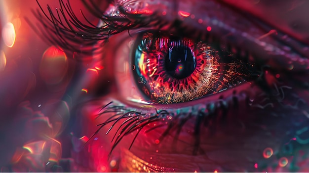 Makrofotografie von menschlichen Augen, Nahaufnahme der menschlichen Iris mit roter Farbe und reflektiertem hellen Licht