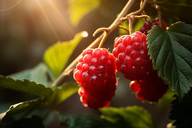 Makroreife Himbeeren auf einem Zweig