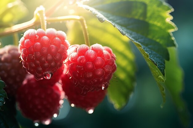 Makroreife Himbeeren auf einem Zweig