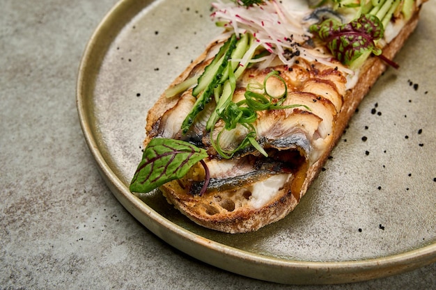 Makroselektive Fokusbruschetta mit geräuchertem Aal, jungem Käse und Gurke in Keramikplatte