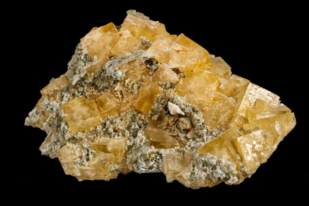 Makrostein Fluoritmineral auf schwarzem Hintergrund