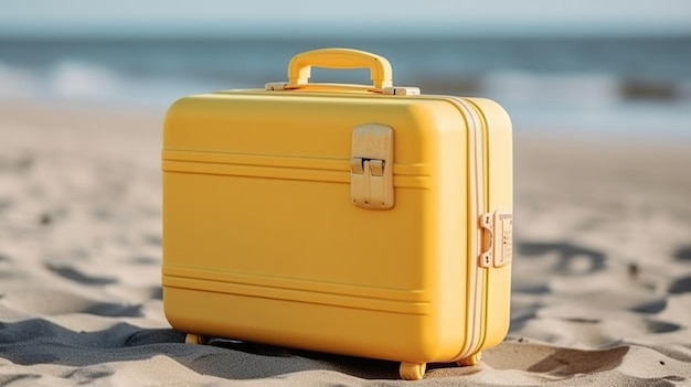 Foto mala amarela com conceito de viagem de acessórios para viajantes com tecnologia generativa de ia