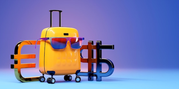 Mala amarela com óculos multicoloridos com ícones de euro e dólar prontos para férias em um fundo azul renderização em 3d Conceito de férias de aventura