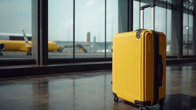 Mala amarela do viajante no aeroporto antes da partida conceito do dia mundial do turismo Generative AI
