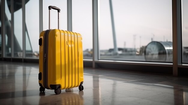 Mala amarela do viajante no aeroporto antes da partida conceito do dia mundial do turismo Generative AI