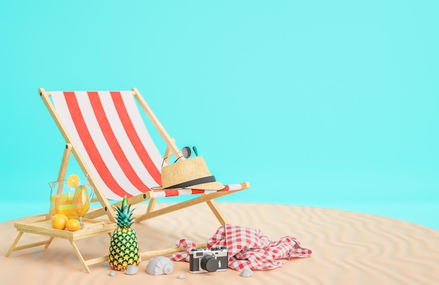 Mala amarela e azul com cadeira de praia e acessórios de viagem em carrinho de areia e fundo azul claro Conceito de viagem de verão Modelo 3d e ilustração