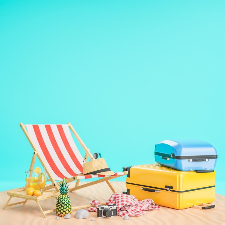 Mala amarela e azul com cadeira de praia e acessórios de viagem em carrinho de areia e fundo azul claro Conceito de viagem de verão Modelo 3d e ilustração