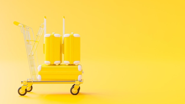 Mala amarela no carrinho no conceito mínimo de ideia de fundo amarelo 3D Render