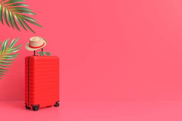 Foto mala com acessórios de viajante, itens essenciais de férias estilo minimalista em fundo pastel.