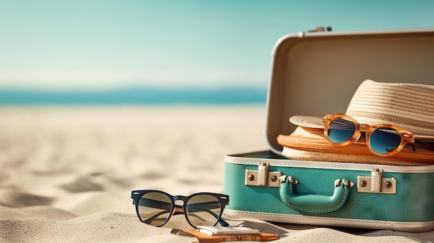 Mala com óculos de sol e chapéu na praia de areia Conceito de viagem Generative AI
