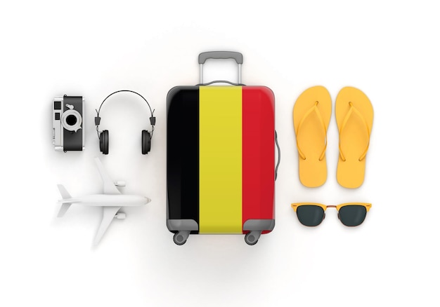 Mala de bandeira belga e acessórios de viagem ficam planos d render