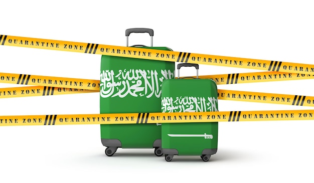 Mala de bandeira da arábia saudita coberta de fita de zona de quarentena d render