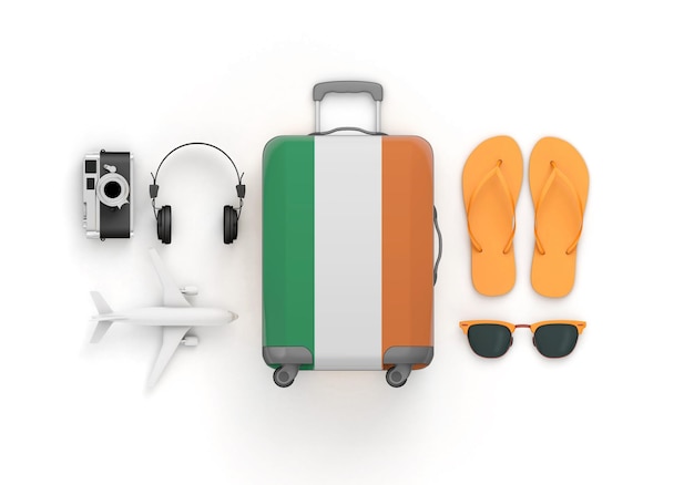 Mala de bandeira da Irlanda e acessórios de viagem ficam planos d render