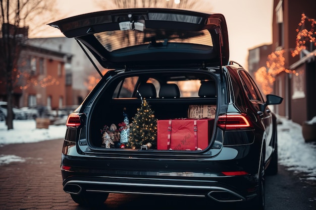 Mala de carro cheia de presentes de feriado e presentes de natal generative ai