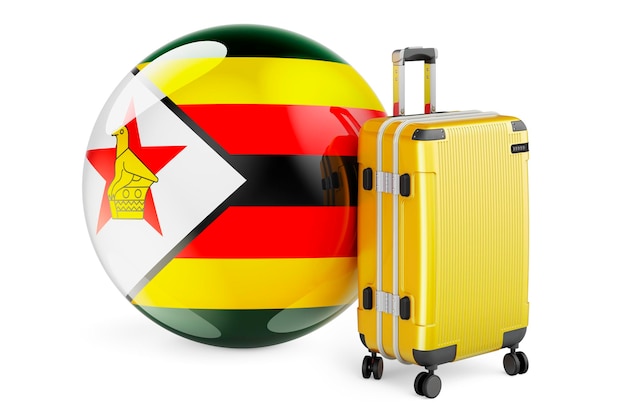 Mala de viagem com bandeira do zimbábue, conceito de viagem do zimbábue, renderização em 3d