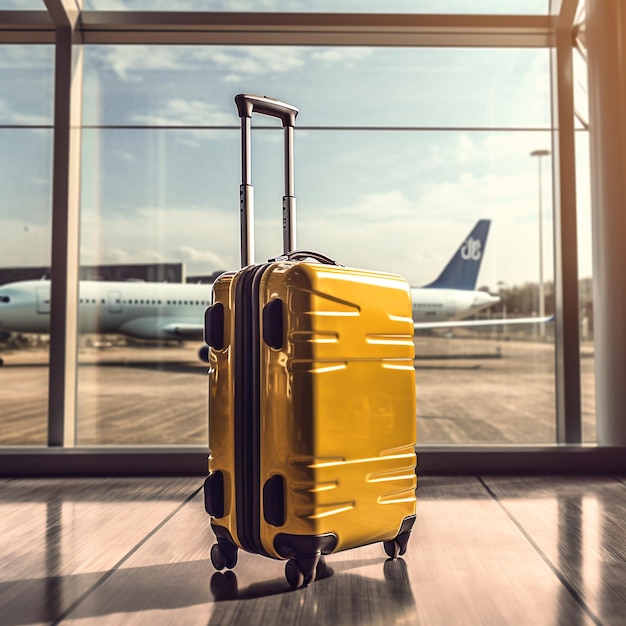 Mala de viagem de cor amarela no saguão de embarque do aeroporto Generative AI