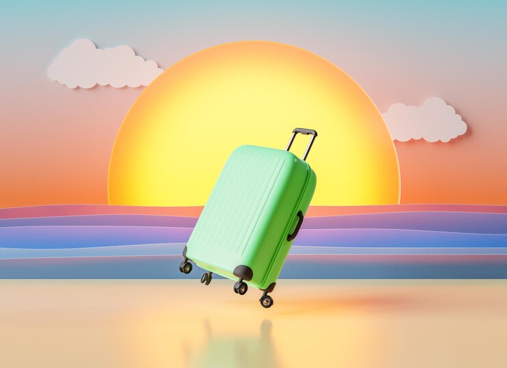 Mala de viagem na praia contra o sol
