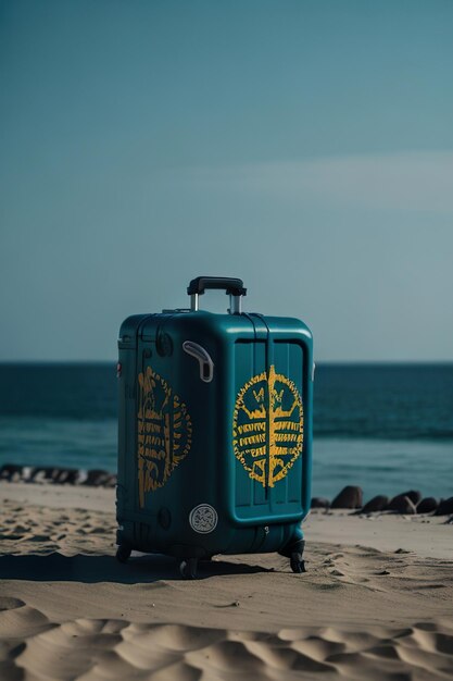 Mala estilosa na praia com oceano ao fundo Generative AI