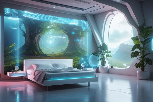 Mala habitación digital futurista con vistas holográficas de la naturaleza en las paredes