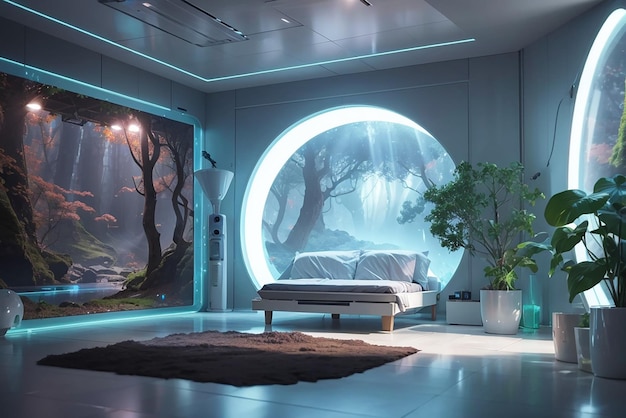 Mala habitación digital futurista con vistas holográficas de la naturaleza en las paredes