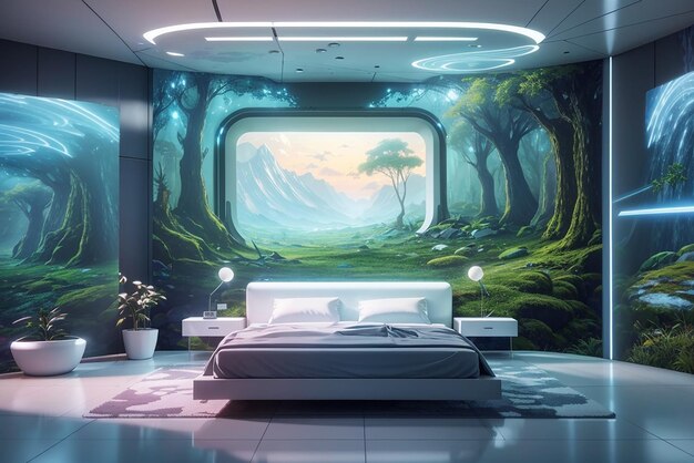 Mala habitación digital futurista con vistas holográficas de la naturaleza en las paredes